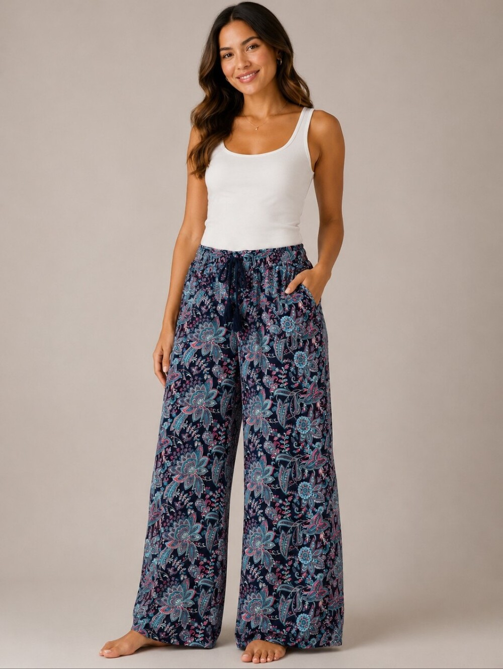 Philosophy Republic Clothing Navy Paisley Wide Leg Crop Pants Tassel Waist XXL